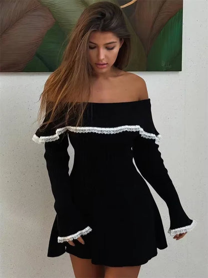 Knit Off-Shoulder Sweater Mini Dress Women'S Lace Patchwork Ribbed Slim Backless Elegant Party Dress Knitwear Mini Dress