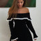 Knit Off-Shoulder Sweater Mini Dress Women'S Lace Patchwork Ribbed Slim Backless Elegant Party Dress Knitwear Mini Dress