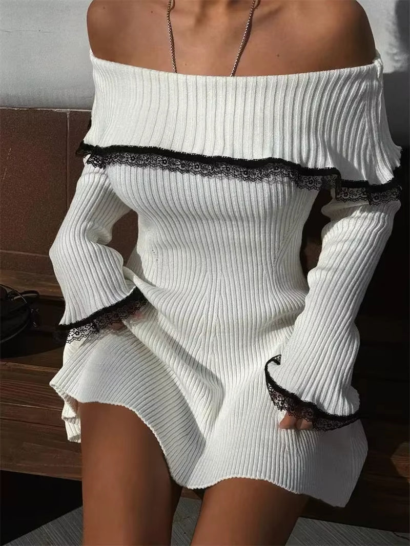 Knit Off-Shoulder Sweater Mini Dress Women'S Lace Patchwork Ribbed Slim Backless Elegant Party Dress Knitwear Mini Dress